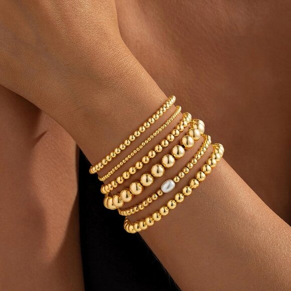 Women's 14k Real Gold Plated Trendy Beaded Stack Adjustable Pearl Bracelet Set - Picture 3 of 7